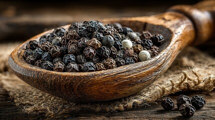 Black peppercorns in wooden spoon on burlap sack against a wooden background.