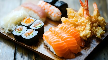 Assorted sushi and tempura served on a wooden platter
