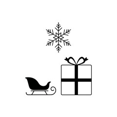 Elegant Christmas cheer with a festive sleigh, a wrapped gift, and a delicate snowflake, perfect for holiday greetings and winter promotions with vector origins
