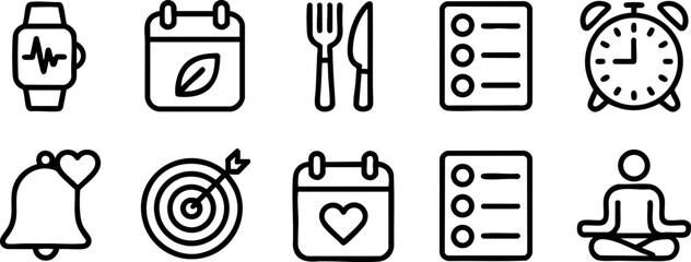Black-and-white icons of wellness and productivity including smartwatch, checklist, calendar, meditation, and goals