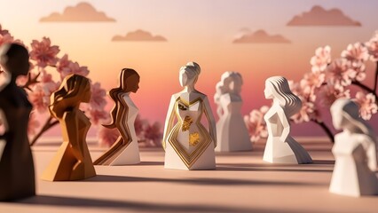 Women's Day Geometric Paper Sculpture Diorama with Cherry Blossoms