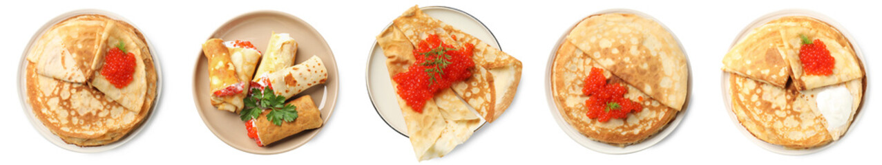 Delicious crepes served with red caviar isolated on white, set. Top view