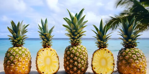 Five pineapples on a tropical beach with ocean and palm fronds