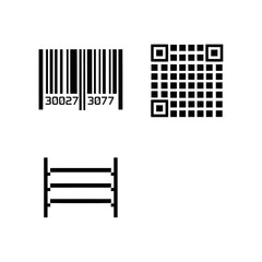 Essential scanning elements bar code, qr code and tiered lines for organizing data, digital information, and inventory tracking in sleek black and white