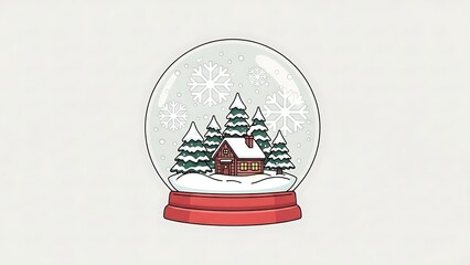 Charming Winter Snow Globe Illustration with a Cozy Cabin, Snow-Covered Evergreen Trees, and Falling Snowflakes on a Red Base, Holiday Season Graphic