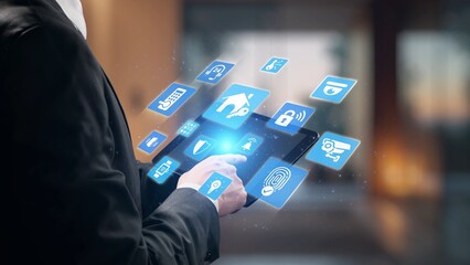 Home security icons show smart home, surveillance, and safety devices. Home security ensures...