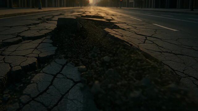 A deserted city street at dawn suddenly buckles and splits open, the cracked asphalt collapsing into a deep dark chasm as debris and dust explode upward into the air.
