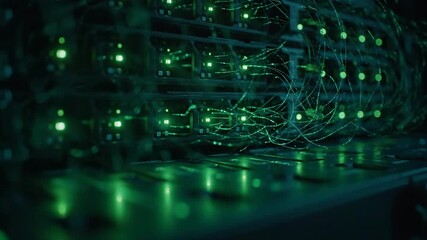 Network server rack with glowing green lights, in a dark room