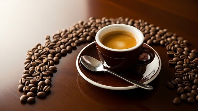Aromatic Espresso Coffee Cup Surrounded by Rich Roasted Coffee Beans on a Dark Wooden Table. - Powered by Adobe
