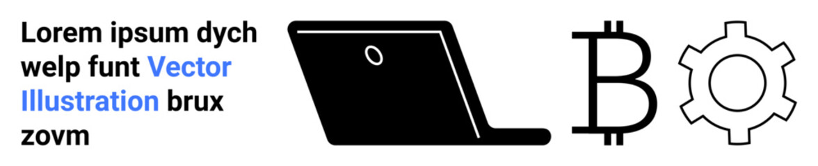 Laptop, gear, and bitcoin symbol highlight digital tools, cryptocurrency, and technological progress. Ideal for blockchain, innovation, fintech productivity development and finance themes. Great