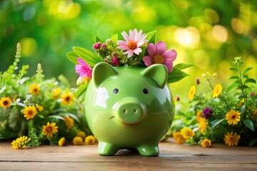 A vibrant green piggy bank adorned with a delightful bouquet of wildflowers, nestled amidst a lush garden setting, symbolizes the flourishing growth of savings and financial prosperity.