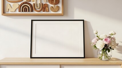 Blank horizontal black frame mockup on a wooden console with flowers and boho wall art.