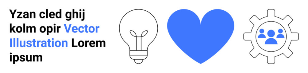 Creativity, teamwork, technology, innovation, collaboration, design. Light bulb, heart gear with people icons. Creativity and teamwork in visual communication and innovation