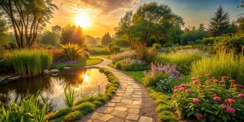 Serene Garden Path at Sunrise A Picturesque Stone Walkway Winds Through Lush Greenery, Colorful Blossoms, and a Tranquil Reflecting Pond, Bathed in the Golden Light of the Morning Sun.