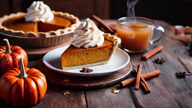a slice of pumpkin pie with whipped cream on top and steaming cup of apple cider on a rustic, wood tabletop with cinnamon sticks and star created with generative ai