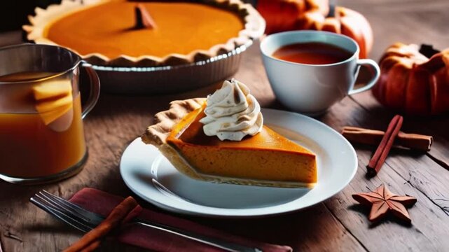 a slice of pumpkin pie with whipped cream on top and steaming cup of apple cider on a rustic, wood tabletop with cinnamon sticks and star created with generative ai