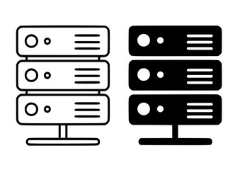 Server icon illustration, black and white, outline and silhouette versions