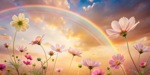 Serene Cosmos Flowers Reaching for a Vibrant Rainbow in a Sunset Sky