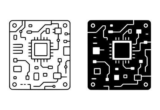 Motherboard icon illustration, black and white, outline and silhouette versions