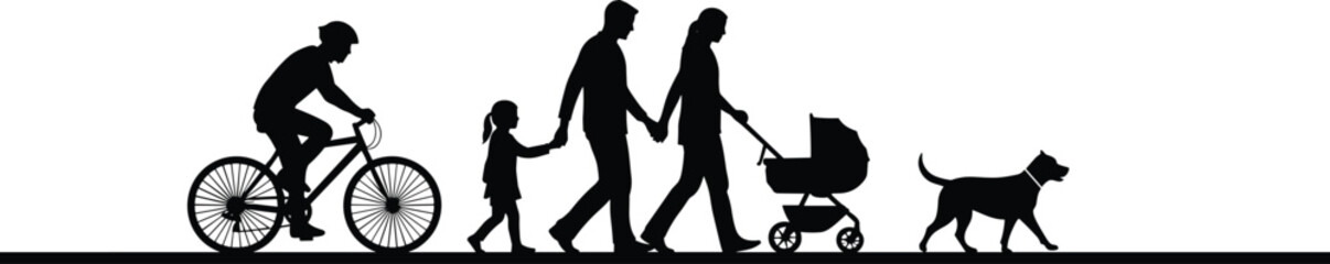 Family walking silhouette, outdoor lifestyle, healthy activity, parents with children, dog walk, stroller, bicycle, park path, togetherness, black vector illustration