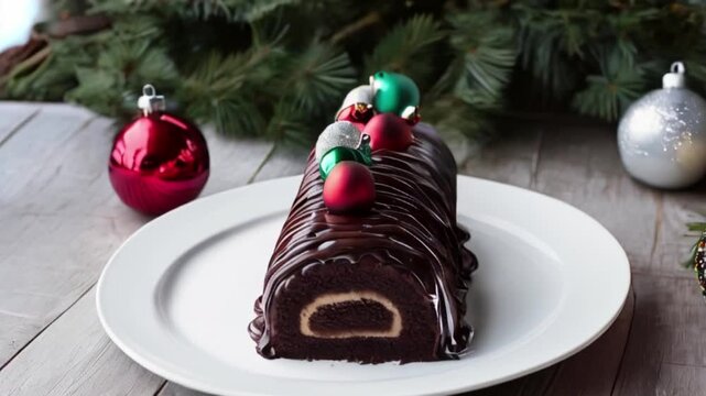 A Christmas yule log cake with a creamy frosting, decorated with pine branches and red berries on a wooden surface created with generative ai