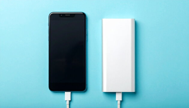 充電中のスマートフォンとモバイルバッテリー  スマホと予備電源、防災グッズ、ガジェット