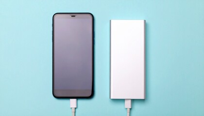 充電中のスマートフォンとモバイルバッテリー  スマホと予備電源、防災グッズ、ガジェット