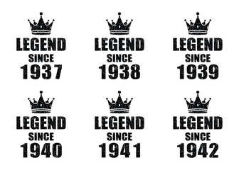 Vintage birthday design for legend since 1937 to 1942 with grunge texture for t-shirt print or poster, perfect for celebrating milestone birthdays