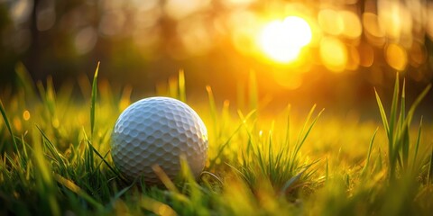 Golden Hour Golf Ball Resting in Lush Green Grass