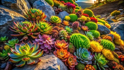 Vibrant Succulents Flourishing Amidst Sunlit Rocks, a Stunning Display of Nature's Colorful Resilience