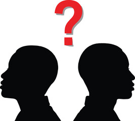 Conflict of Interest, Two People Silhouettes Facing Away with Red Question Mark Above, Indicating Doubt, Decision, and Relationship Problem