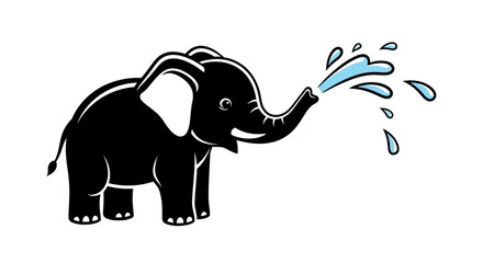 Adorable black and white cartoon elephant spraying water with trunk illustration design
