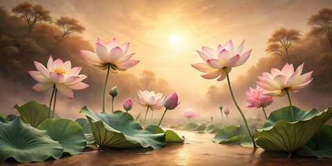 Serene Sunrise Over a Tranquil Pond with Pink Lotus Flowers Blooming in the Gentle Mist