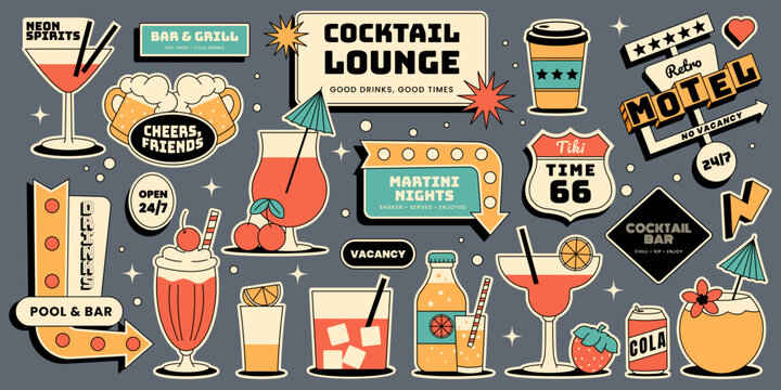 Retro cocktail lounge bar stickers set, drinks, motel sign, neon signs and more. Fun design for nightlife events vintage party. Flat vector illustration 1950s style