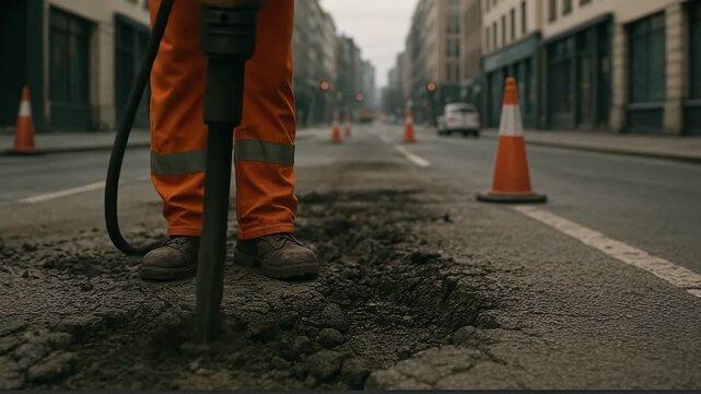 A road construction worker in orange safety pants uses a jackhammer to break up damaged asphalt in the middle of an empty city street, surrounded by traffic cones and urban buildings fading into the b