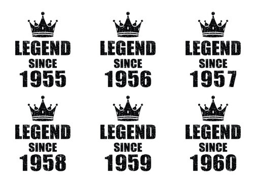 Celebrate Milestone Birthdays with These Legend Since Year Designs for 1955-1960 Birth Years, Perfect for T-Shirts, Mugs, and Personalized Gifts