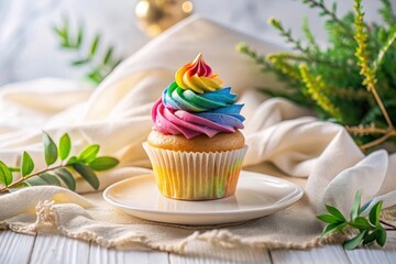 A single delightful rainbow cupcake, swirled with vibrant frosting, rests elegantly on a pristine white plate, nestled amongst lush greenery on a soft, light fabric