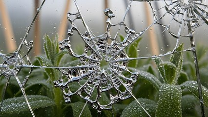 Liquid Chrome Bubbling Through Fractured Glass with Metallic Botany