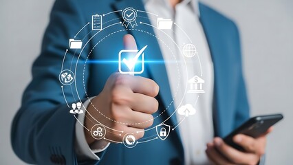 Businessman showing thumb up with check mark icon and business icons around.