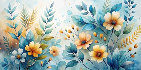 Serene Watercolor Floral Composition Featuring Delicate Yellow and White Blossoms Amidst Teal and Gold Foliage