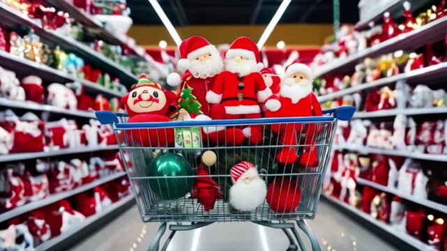 shopping cart with various christmas decorations and santa stuff toys with festive lights of christmas and new year in the super store created with generative ai