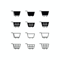 Detailed shopping cart icon set in a grid layout, featuring solid, outline, and detailed wireframe styles. Essential vector graphics for modern e-commerce and retail design projects