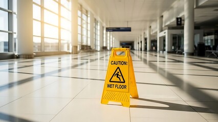 Caution Wet Floor Sign in Airport Terminal with Natural Light.