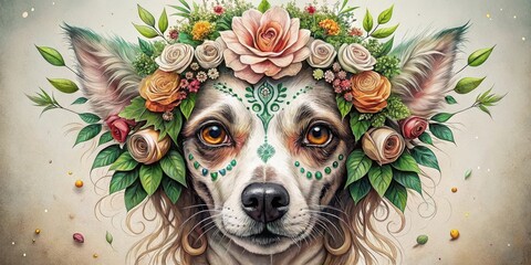Floral Crowned Canine An Artistic Portrait of a Dog Adorned with Vibrant Blossoms and Delicate Leafwork