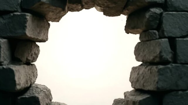 A dark brick wall has been smashed open, leaving a rough circular hole framed by jagged broken bricks, revealing a bright white empty space beyond.
