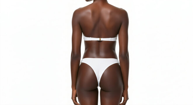 A rear-view studio shot of a lean adult woman with very dark brown skin, standing against a pure white background. The woman is wearing a white bikini.