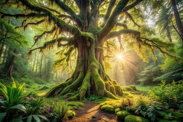Ancient Forest Majesty Sunlight Illuminates Moss-Covered Roots of a Giant Tree in a Lush, Verdant Woodland