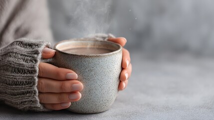 Cozy hands wrapped around a warm ceramic mug filled with steaming beverage, showcasing a serene moment of relaxation and comfort in a softly lit environment