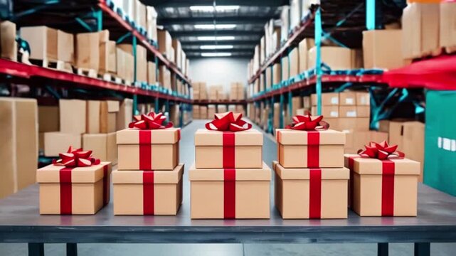 Christmas time warehouse table with gifts boxes in warehouse and parcels boxes ready to deliver created with generative ai