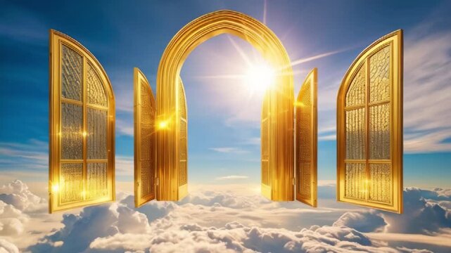 Shimmering golden heaven gates in the sky surrounded created with generative ai